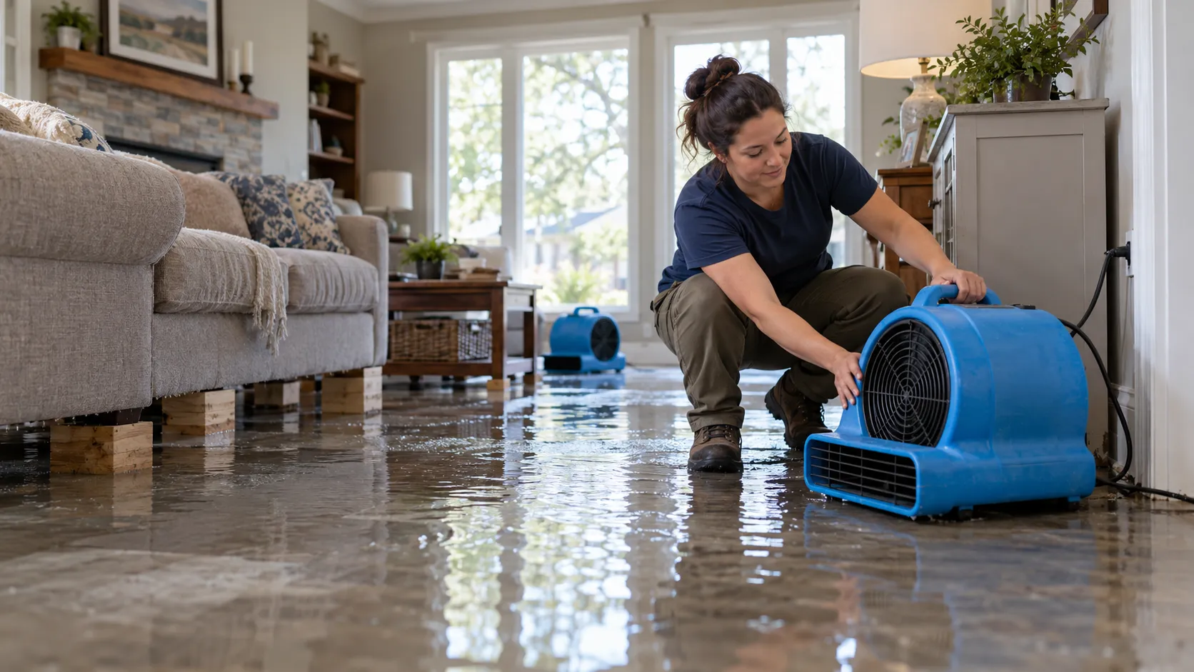 Water damage restoration technician drying a flooded living room in Oklahoma City